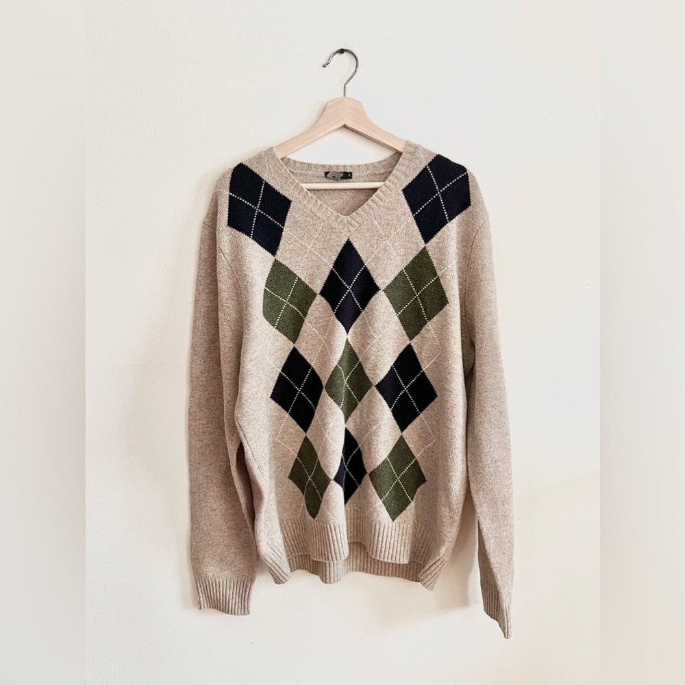 J Crew Men V Neck Lamb Wool Long Sleeve Pullover Sweater Diamond Brown Size XL